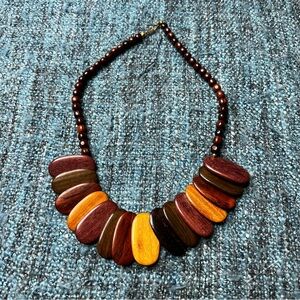 Vintage Bohemian Wood Beaded Necklace in Brown Tan Exotic Statement Piece